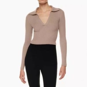 Aritzia Babaton Sculpt Knit Polo Longsleeve in Tan